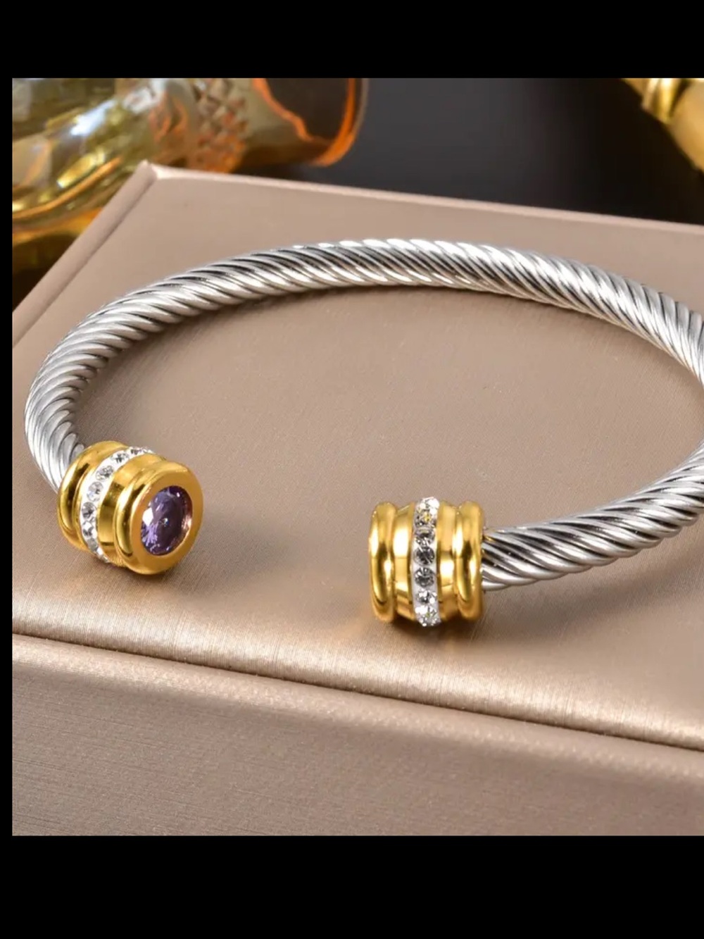 Gold and Silver Twisted Cable Cuff Bracelet with Purple Stone